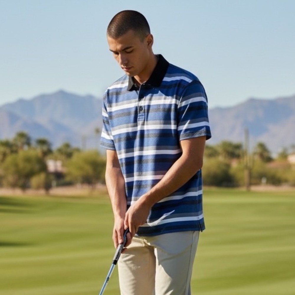 Travis Mathew Men's Striped Pima‎ Cotton Golf Polo Shirt Blue Gray Size Medium